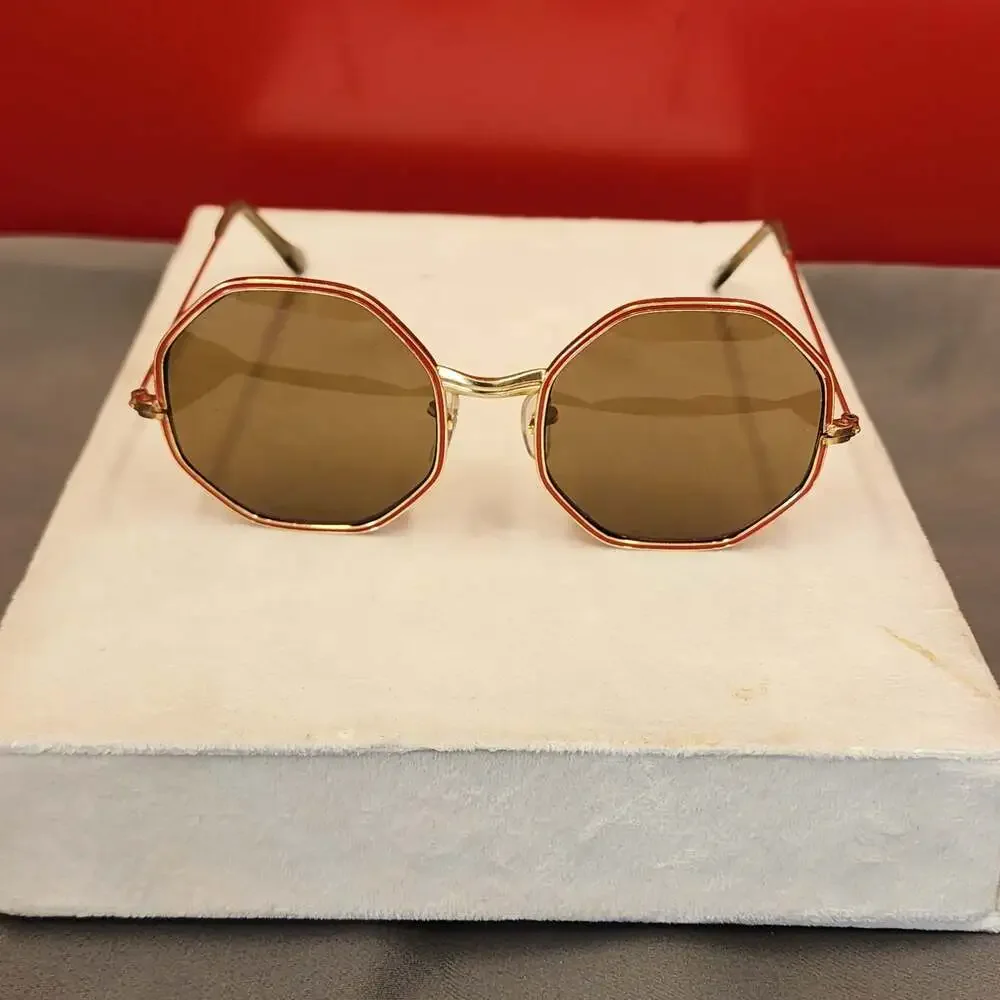 Vintage Octagon Gold Metal Frame Sunglasses with Red Trim and Brown Lenses